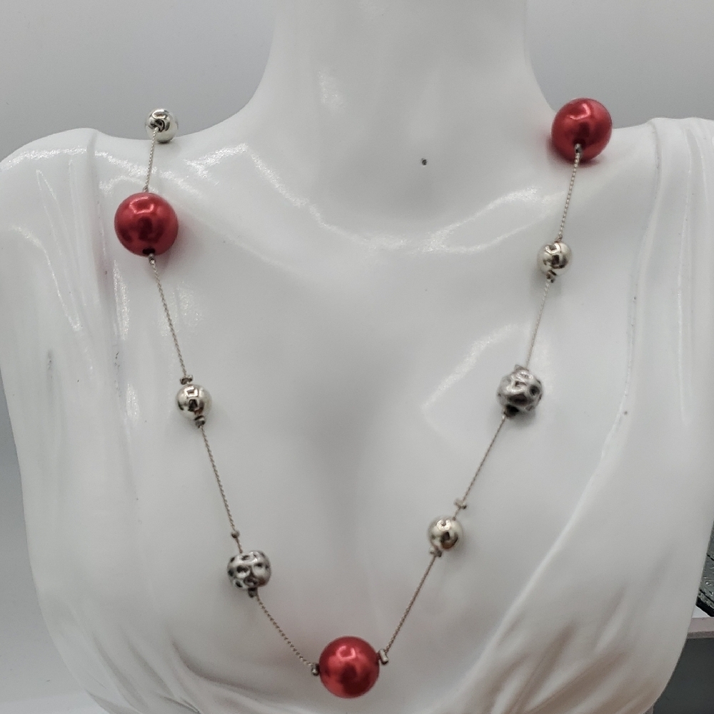 Elegant Red Classy and Silver Tone Beaded Necklace 44 Inch Long Length N3906